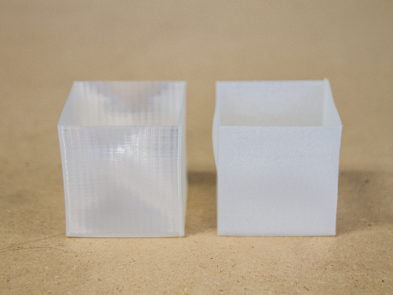 Piece printed with wet nylon filament before drying (right) and after drying (left)